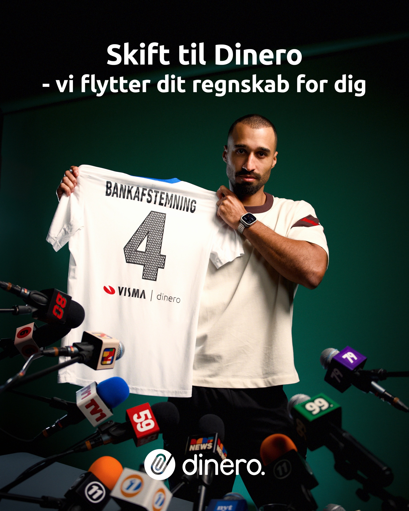 Digital advertisement showing an entrepreneur holding a Bankafstemning shirt